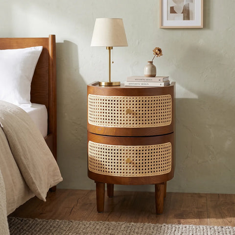 Franco Curved Brown Rattan Wooden Bedside Cabinet