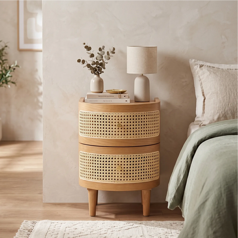 Franco Curved Natural Rattan Wooden Bedside Cabinet