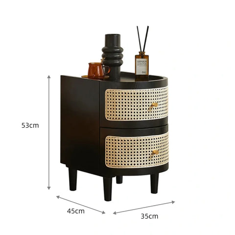 Franco Curved Black Rattan Wooden Bedside Cabinet