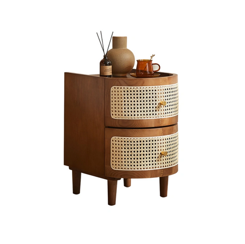 Franco Solid Wood & Rattan Bedside Cabinet - Walnut