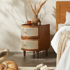 Franco Solid Wood & Rattan Bedside Cabinet - Walnut