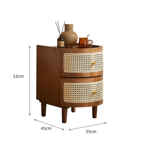 Franco Curved Walnut Rattan Wooden Bedside Cabinet