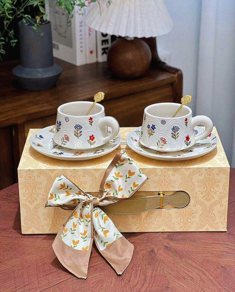 Golden Blossom Embossed Ceramic Coffee Cup Set - 260ml - Furnt