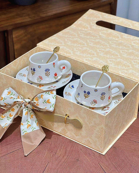 Golden Blossom Embossed Ceramic Coffee Cup Set - 260ml - Furnt
