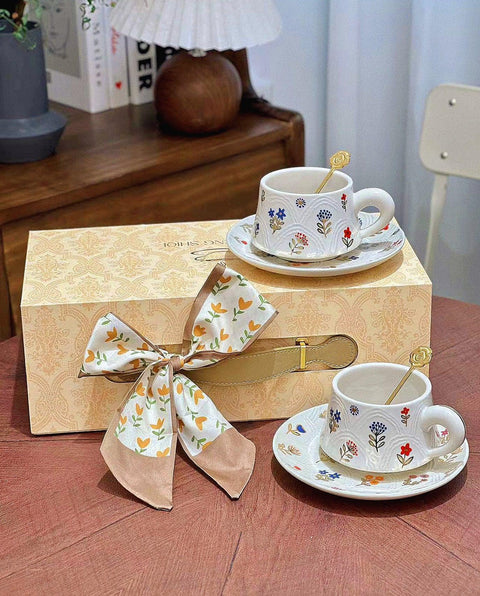 Golden Blossom Embossed Ceramic Coffee Cup Set - 260ml - Furnt