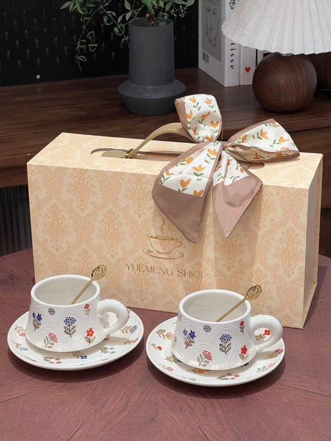 Golden Blossom Embossed Ceramic Coffee Cup Set - 260ml - Furnt