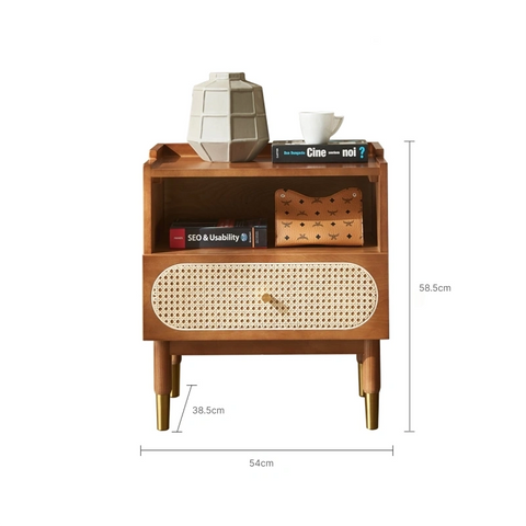 Anya Solid Wood &  Rattan Bedside Cabinet - Brown