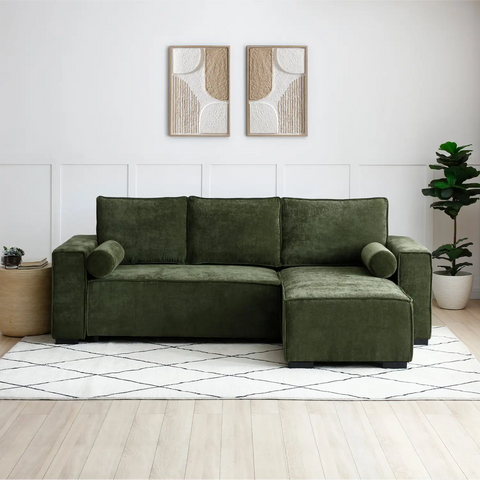 Harrison Corner Sofa Bed in Olive Green Chenille, Navy Chenille or Natural Boucle