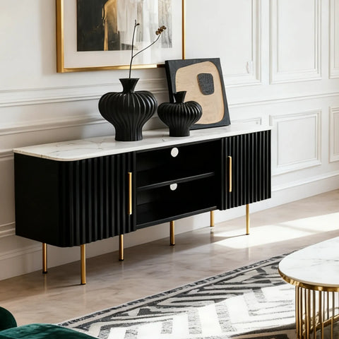 Haven Black Marble Effect Ceramic Top & Wooden Base TV Cabinet