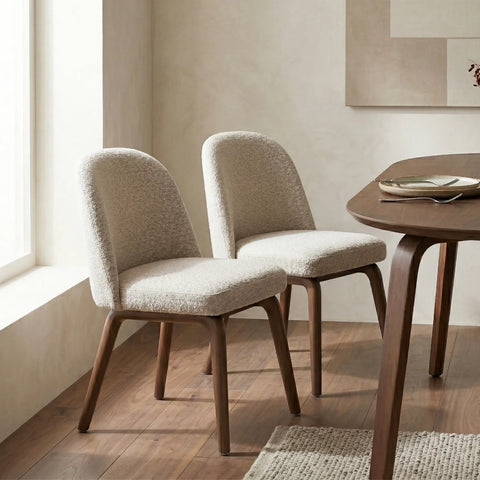 Hearthwood Set of 2 Dining Chairs, Walnut Effect Ash Solid Wood | Beige Boucle Fabric