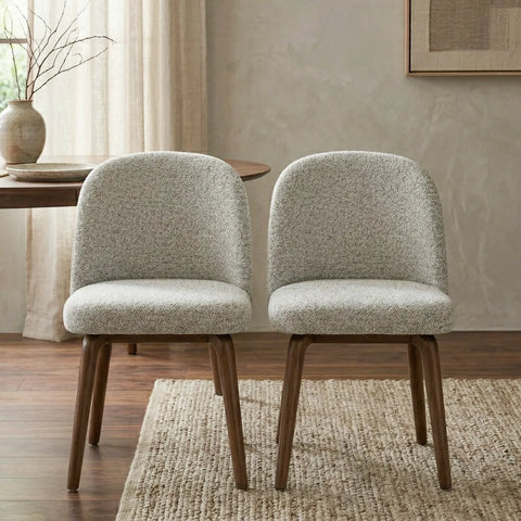 Hearthwood Set of 2 Dining Chairs, Walnut Effect Ash Solid Wood | Light Grey Boucle Fabric