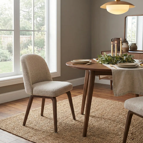 Hearthwood Set of 2 Dining Chairs, Walnut Effect Ash Solid Wood | Beige Boucle Fabric