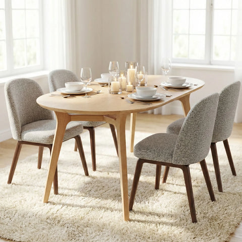 Hearthwood Set of 2 Dining Chairs, Walnut Effect Ash Solid Wood | Light Grey Boucle Fabric