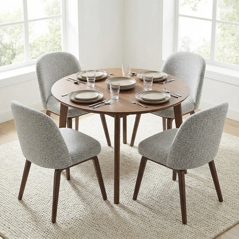 Hearthwood Set of 2 Dining Chairs, Walnut Effect Ash Solid Wood | Light Grey Boucle Fabric