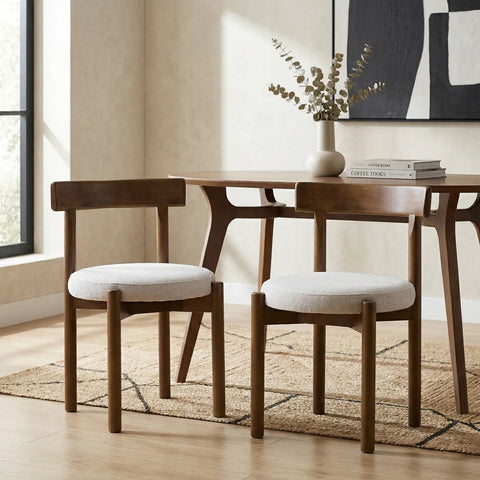 Homestead Set of 2 Dining Chairs, Walnut Effect Solid Wood Frame | Cream Textured Basketweave Fabric