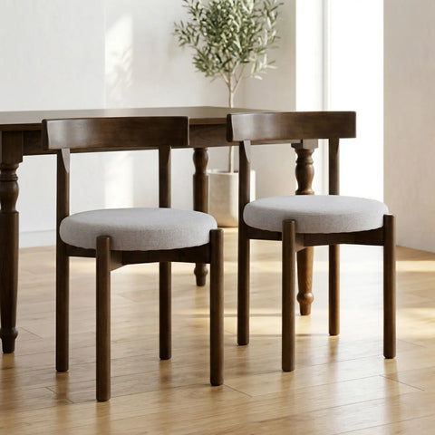 Homestead Set of 2 Dining Chairs, Walnut Effect Solid Wood Frame | Light Brown Textured Weave Fabric