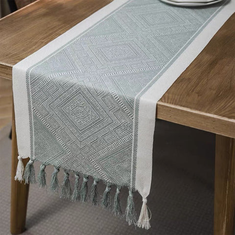 Sage Green Maze Geometric Table Runner with Tassel Detailing – 180 x 33 cm