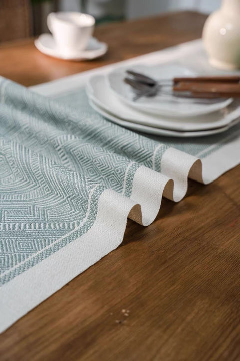 Sage Green Maze Geometric Table Runner with Tassel Detailing – 180 x 33 cm