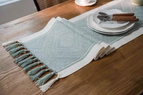 Sage Green Maze Geometric Table Runner with Tassel Detailing – 180 x 33 cm