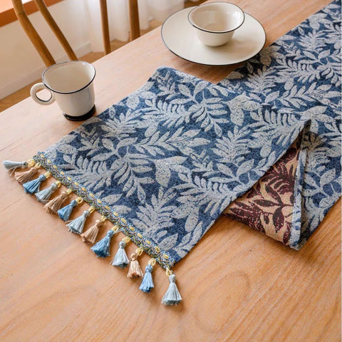 Vintage Blue Leaf Botanical Table Runner - 180 x 33 cm