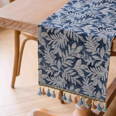 Vintage Blue Leaf Botanical Table Runner - 180 x 33 cm