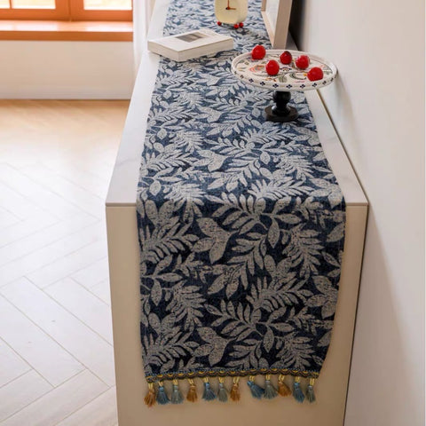 Vintage Blue Leaf Botanical Table Runner - 180 x 33 cm