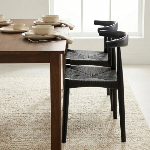 Isla Set of 2 Scandinavian Black Dining Chairs, Beech Solid Wood | Black Natural Weave