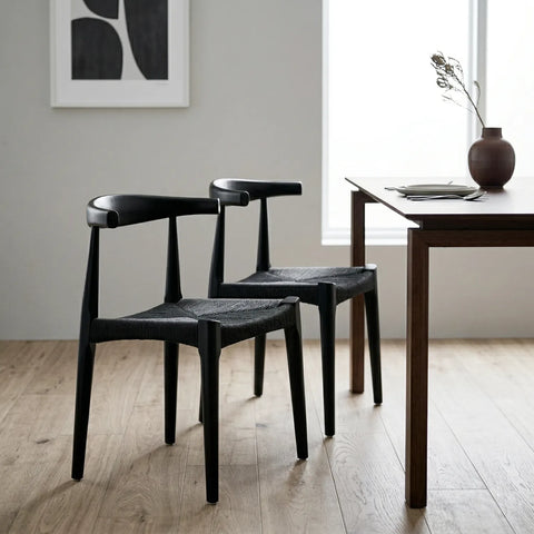 Isla Set of 2 Scandinavian Black Dining Chairs, Beech Solid Wood | Black Natural Weave