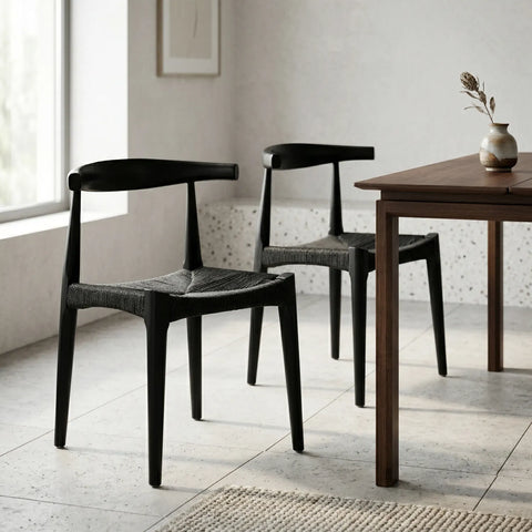 Isla Set of 2 Scandinavian Black Dining Chairs, Beech Solid Wood | Black Natural Weave