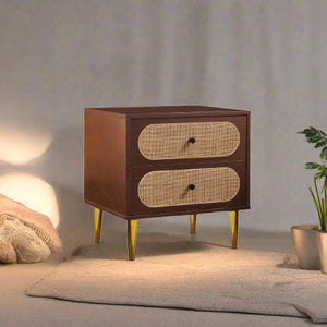 Izzy 2 Drawer Rattan Bedside Cabinet - Walnut