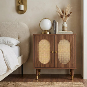 Lille Walnut Effect 2 Doors Rattan Bedside Cabinet