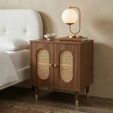Lille 2 Door Rattan Bedside Cabinet - Walnut