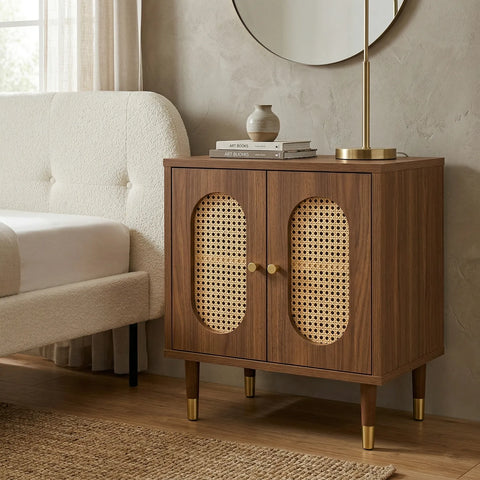 Lille 2 Door Rattan Bedside Cabinet - Walnut