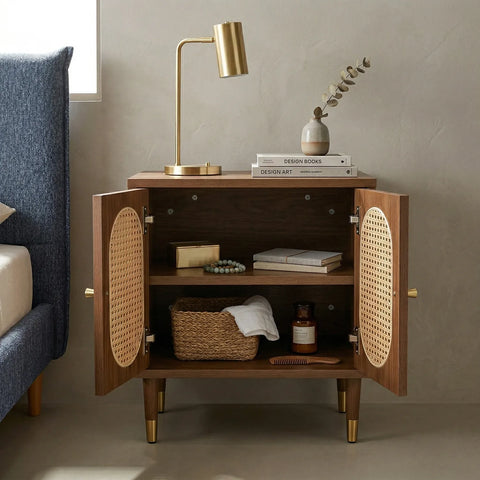 Lille 2 Door Rattan Bedside Cabinet - Walnut
