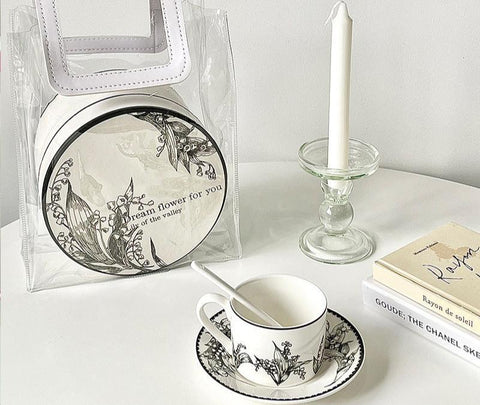 Lily of the Valley Black Floral Ceramic Coffee Cup Set - 250ml - Furnt