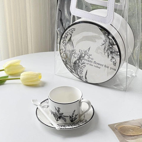Lily of the Valley Black Floral Ceramic Coffee Cup Set - 250ml - Furnt