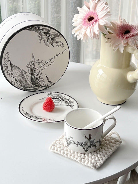 Lily of the Valley Black Floral Ceramic Coffee Cup Set - 250ml - Furnt