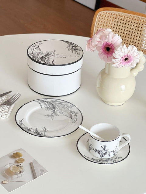 Lily of the Valley Black Floral Ceramic Coffee Cup Set - 250ml - Furnt