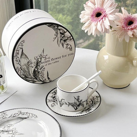 Lily of the Valley Black Floral Ceramic Coffee Cup Set - 250ml - Furnt