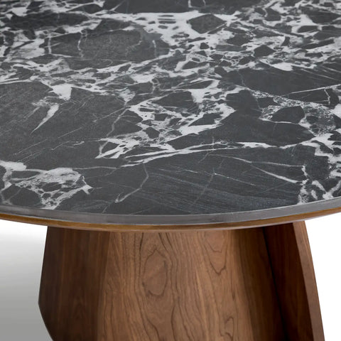 Lina Black Marble-effect Ceramic Top & Wooden Base Round Dining Table - 120cm