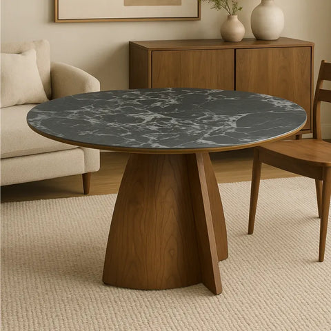 Lina Black Marble-effect Ceramic Top & Wooden Base Round Dining Table - 120cm