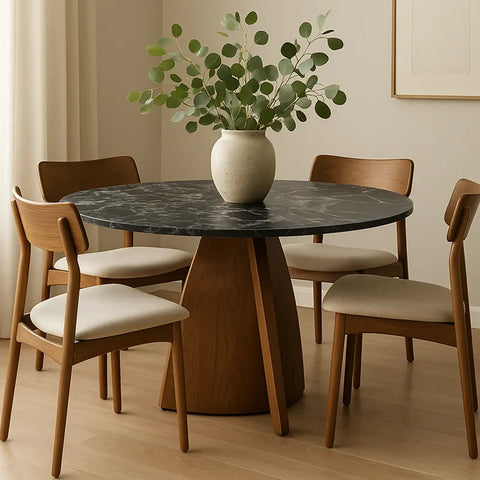 Lina Black Marble-effect Ceramic Top & Wooden Base Round Dining Table - 120cm