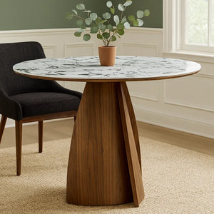 Lina White Marble-effect Ceramic Top & Wooden Base Round Dining Table - 120cm