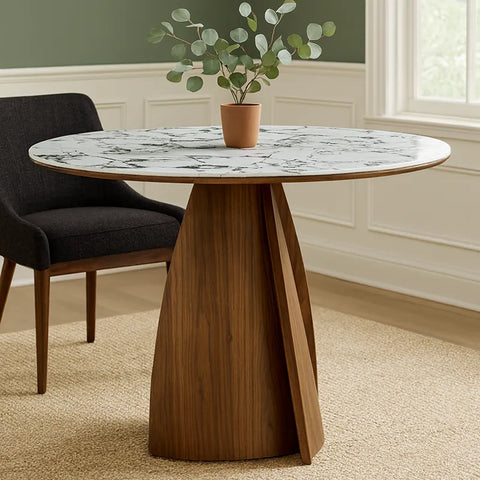 Lina White Marble-effect Ceramic Top & Wooden Base Round Dining Table - 120cm