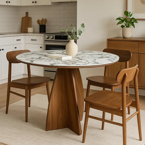 Lina White Marble-effect Ceramic Top & Wooden Base Round Dining Table - 120cm