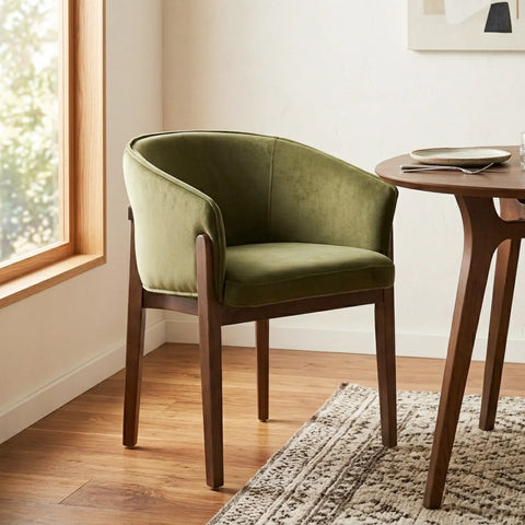 Lucent Dining Chair, Walnut Ash Solid Wood | Olive Green Velvet Fabric