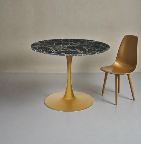 Lumina Modern Black Round Marble Dining Table with Golden Base - 100cm