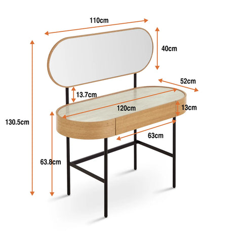 Mossley Natural Effect 1 Drawer Glass Top Curved Dressing Table with Mirror