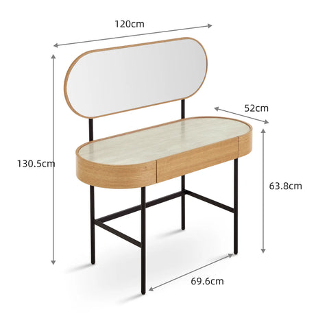 Mossley Natural Effect 1 Drawer Glass Top Curved Dressing Table with Mirror