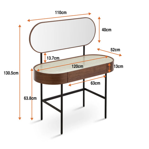 Mossley Walnut Effect 1 Drawer Glass Top Curved Dressing Table with Mirror